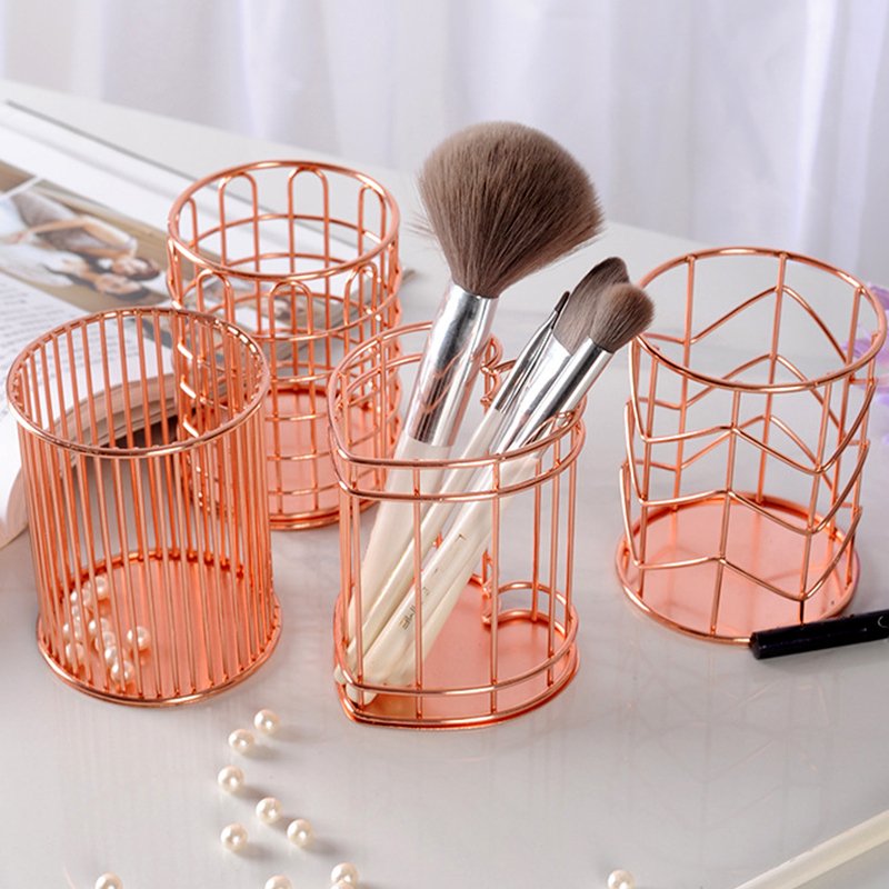 School Office Home Makeup Brush Organizer Storage Basket Metal Mesh Pencil Rose Gold Pen Holder for desktop