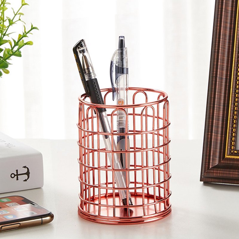 School Office Home Makeup Brush Organizer Storage Basket Metal Mesh Pencil Rose Gold Pen Holder for desktop