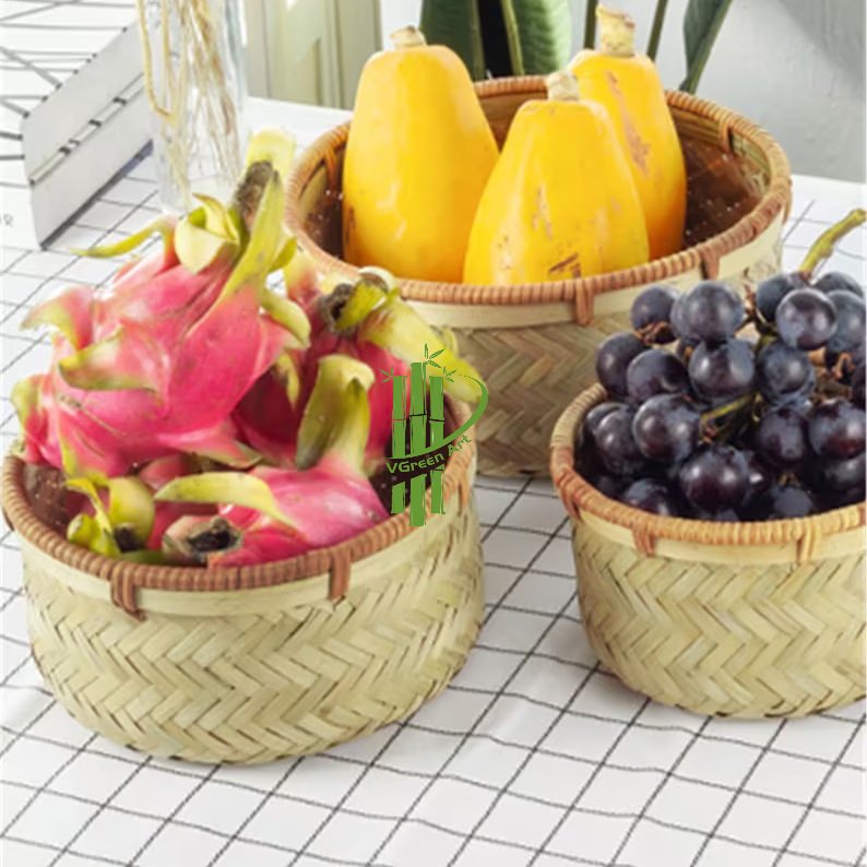 100% Handmade Bamboo Tray from Vietnam round Wicker Baskets for Kitchen Storage Vegetable Organ Home Use