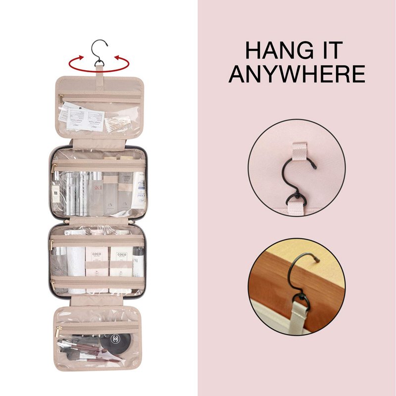 Custom Logo Travel Toiletry Bag with Hanging Hook Ladies Waterproof Wash Makeup Cosmetic Bag Zipper Polyester Travel Organizer