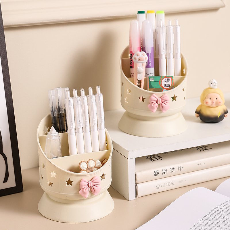 2024 new hot-selling plastic storage white multi-functional large-capacity bow plastic compartment makeup brush storage