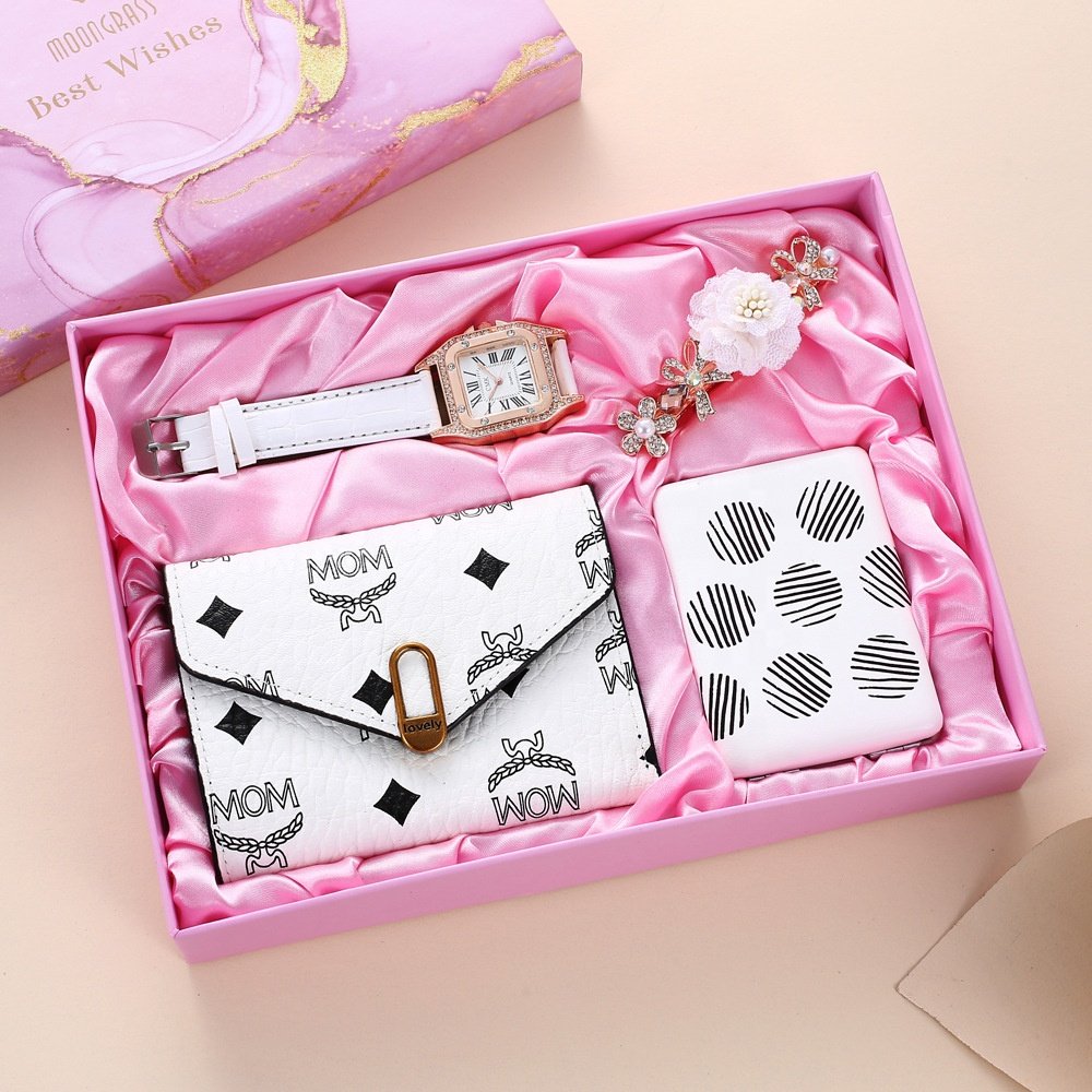 Ladies Watch Gift Set Makeup Mirror Pink Hair Clip Wallet Quartz Watch Pink Set birthday and wedding gift set