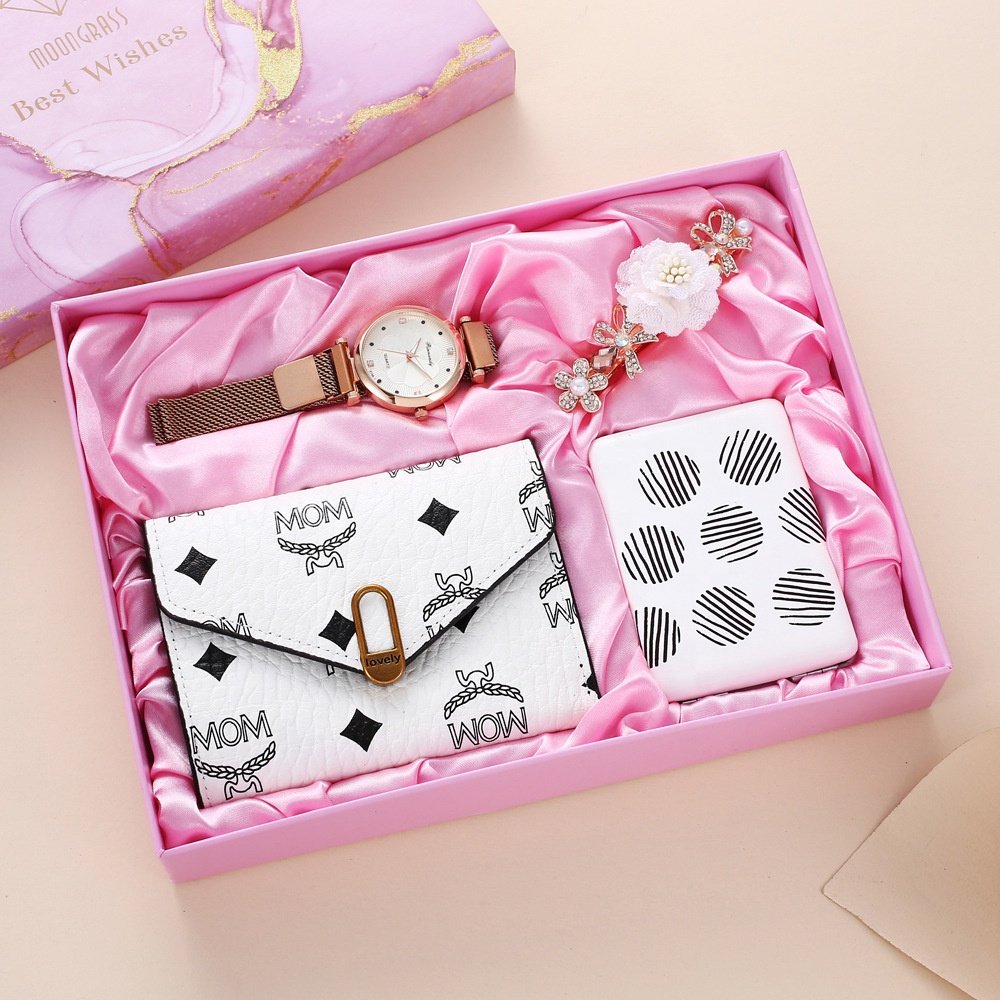 Ladies Watch Gift Set Makeup Mirror Pink Hair Clip Wallet Quartz Watch Pink Set birthday and wedding gift set