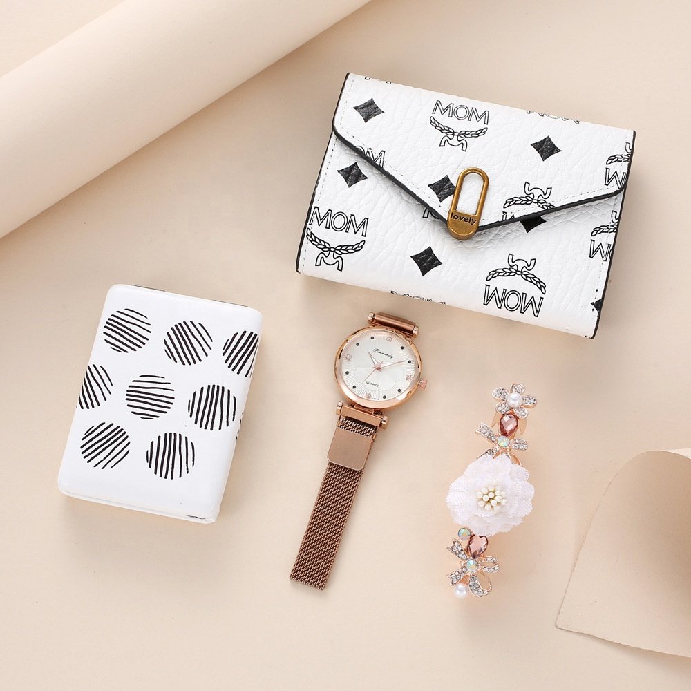 Ladies Watch Gift Set Makeup Mirror Pink Hair Clip Wallet Quartz Watch Pink Set birthday and wedding gift set