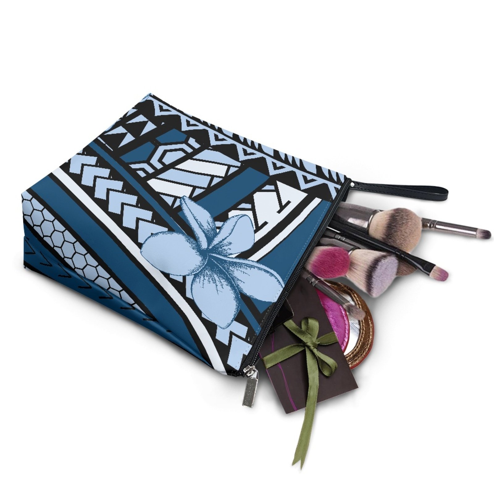 Wholesale Hawaiian Style Tribal Custom Logo Waterproof Makeup Bags Lightweight PU Leather Folding Zipper Travel Cosmetics Pouch