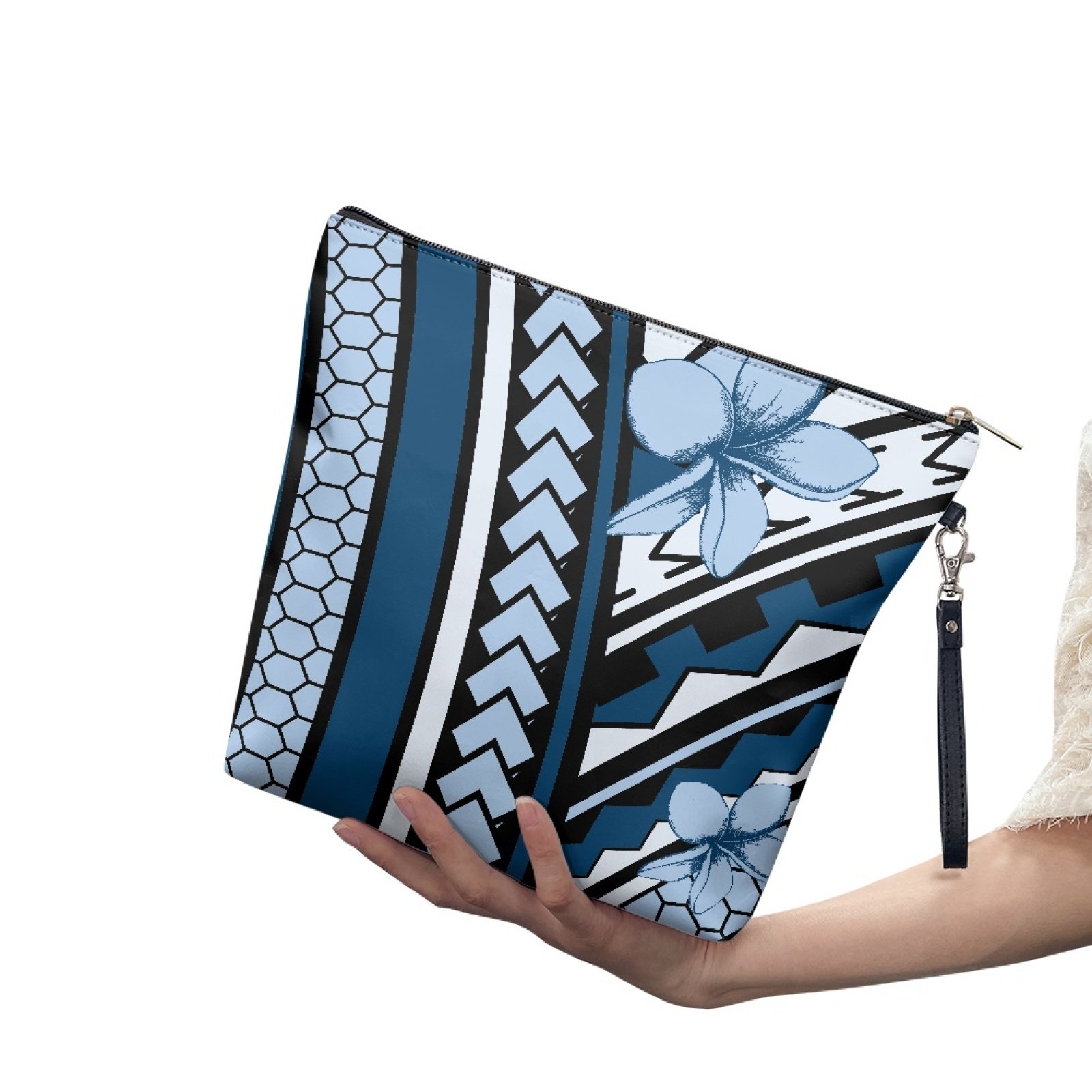 Wholesale Hawaiian Style Tribal Custom Logo Waterproof Makeup Bags Lightweight PU Leather Folding Zipper Travel Cosmetics Pouch
