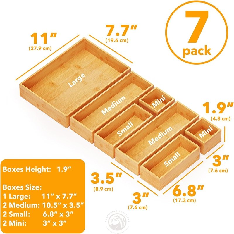 Kitchen Bathroom Office 7-Piece Bamboo Drawer Organizer Storage Boxes Set Wood Tray Junk Drawer Organizers