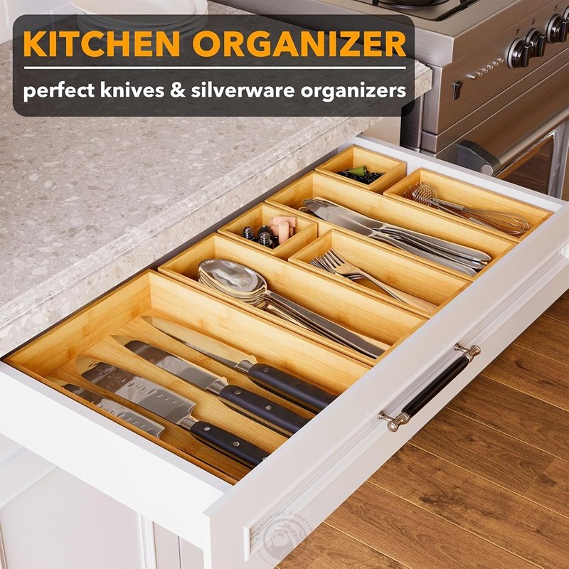 Kitchen Bathroom Office 7-Piece Bamboo Drawer Organizer Storage Boxes Set Wood Tray Junk Drawer Organizers