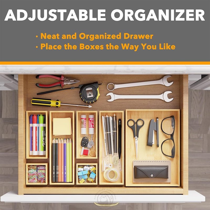 Kitchen Bathroom Office 7-Piece Bamboo Drawer Organizer Storage Boxes Set Wood Tray Junk Drawer Organizers