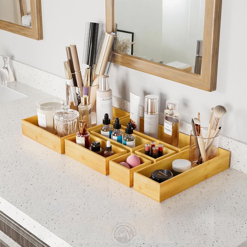 Kitchen Bathroom Office 7-Piece Bamboo Drawer Organizer Storage Boxes Set Wood Tray Junk Drawer Organizers