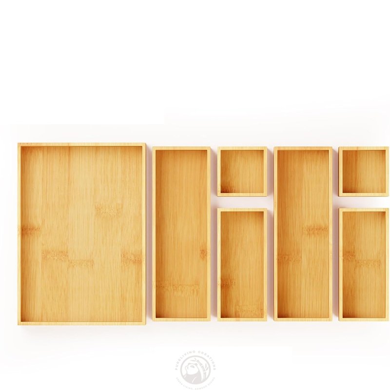 Kitchen Bathroom Office 7-Piece Bamboo Drawer Organizer Storage Boxes Set Wood Tray Junk Drawer Organizers