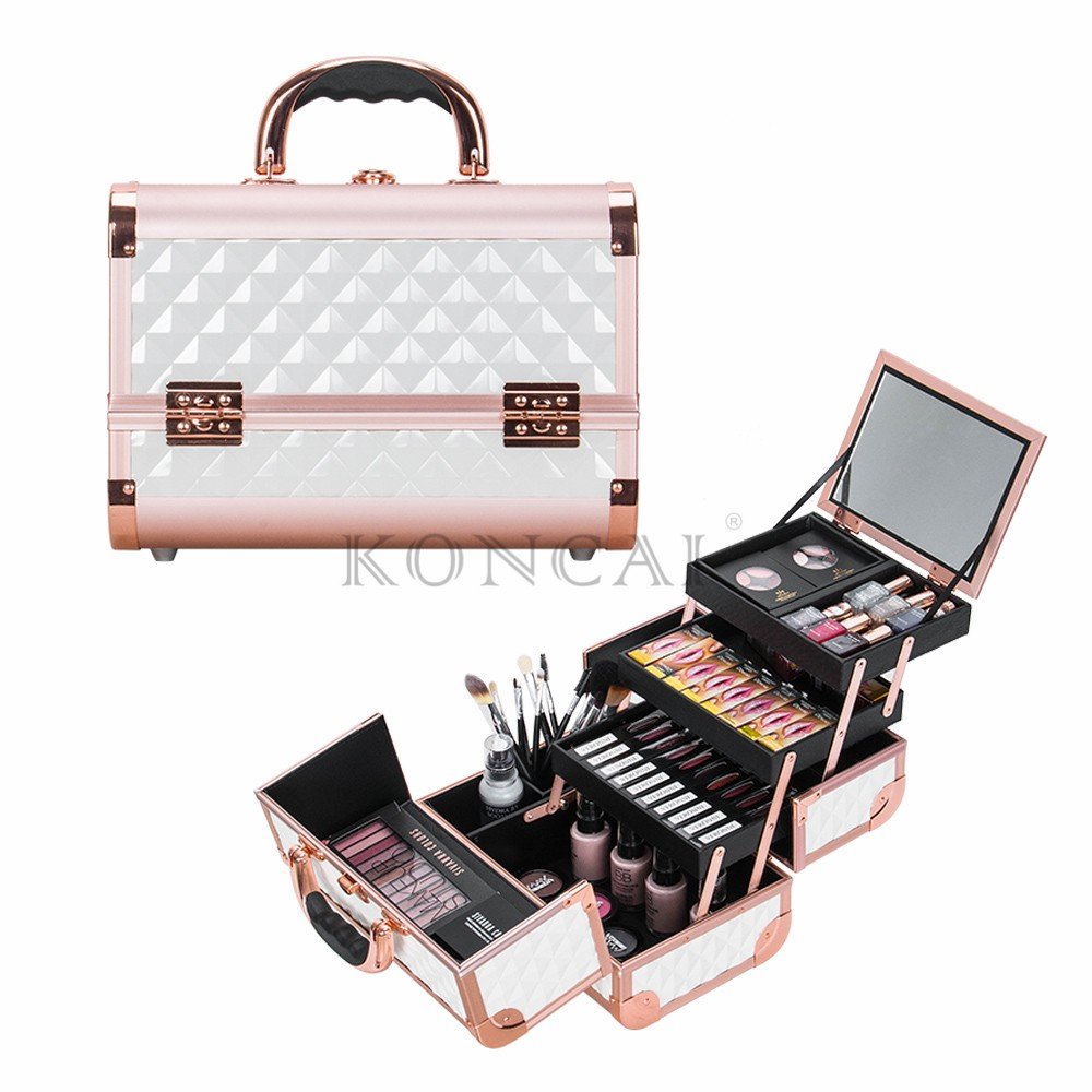 KONCAI Portable Make Up Briefcase Metal Travel Hard Bag Vanity Makeup Suitcase Professional Aluminum Cosmetic Case box