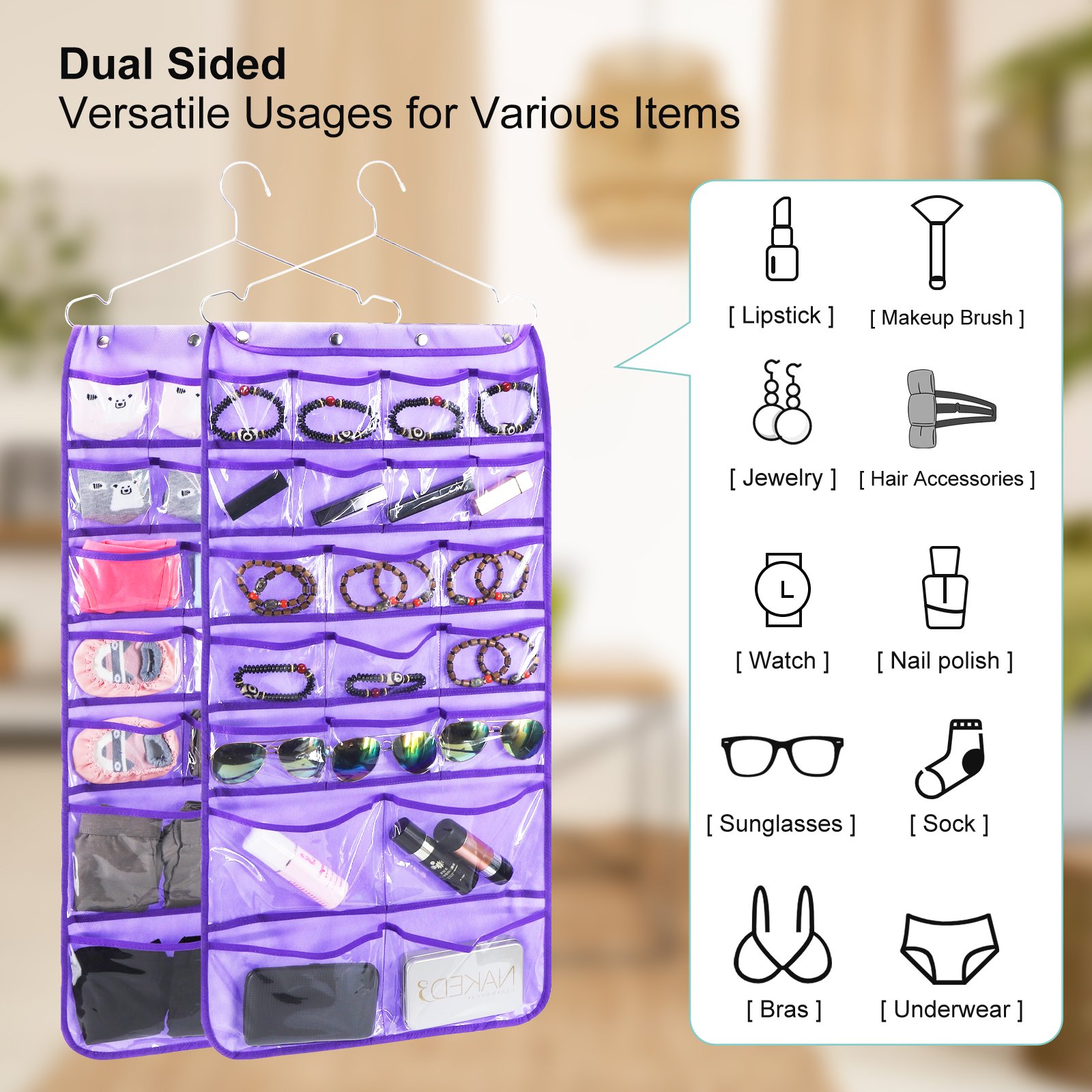 42 Clear Pockets Closet Organizers for Bows Socks Underwear Dual Sided Hanging Organizer for Jewelry Makeup Storage