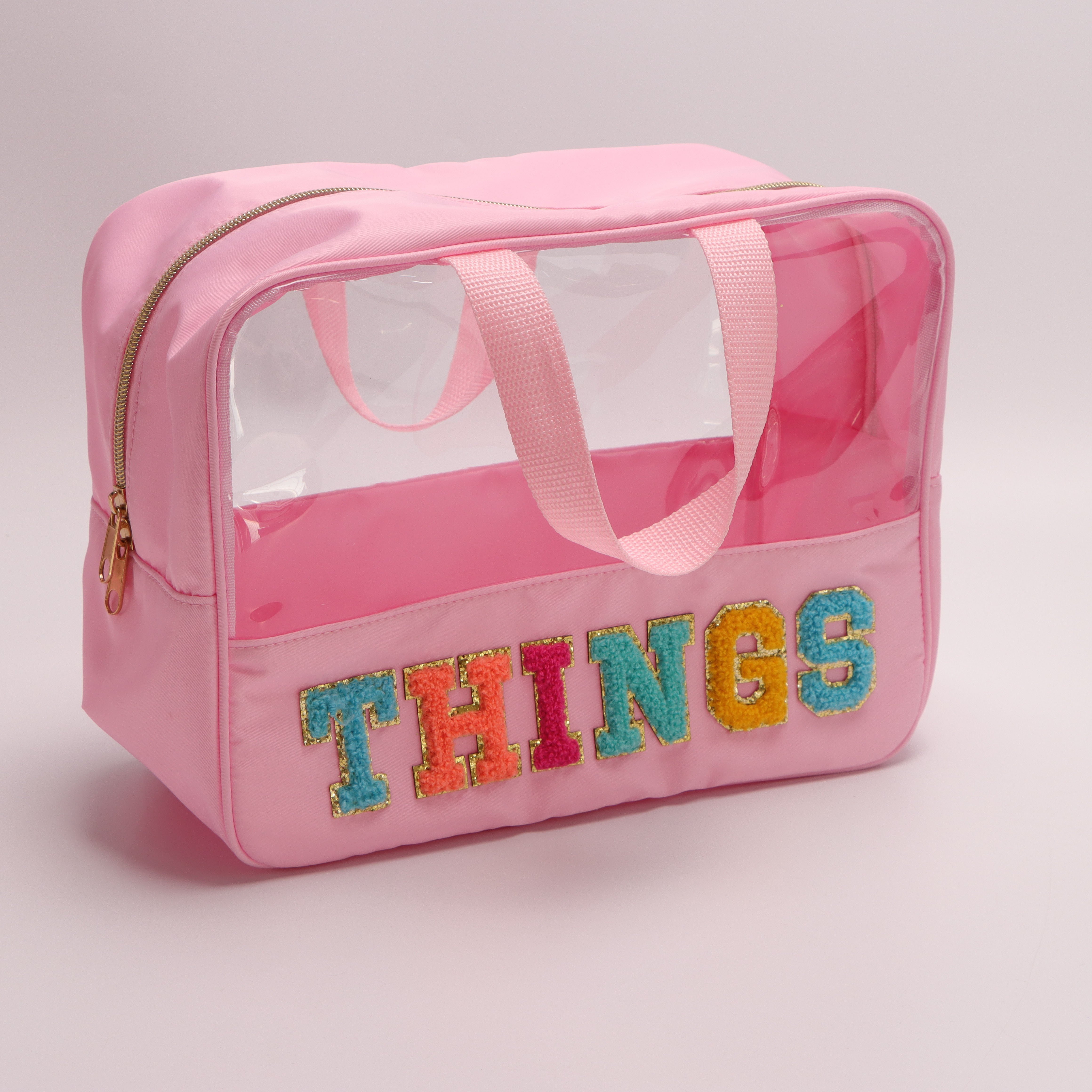 Stylish Preppy Clear Makeup Bag with Chenille Letter Patches and Handle Tote Bag for Women Girl - Organize Toiletry