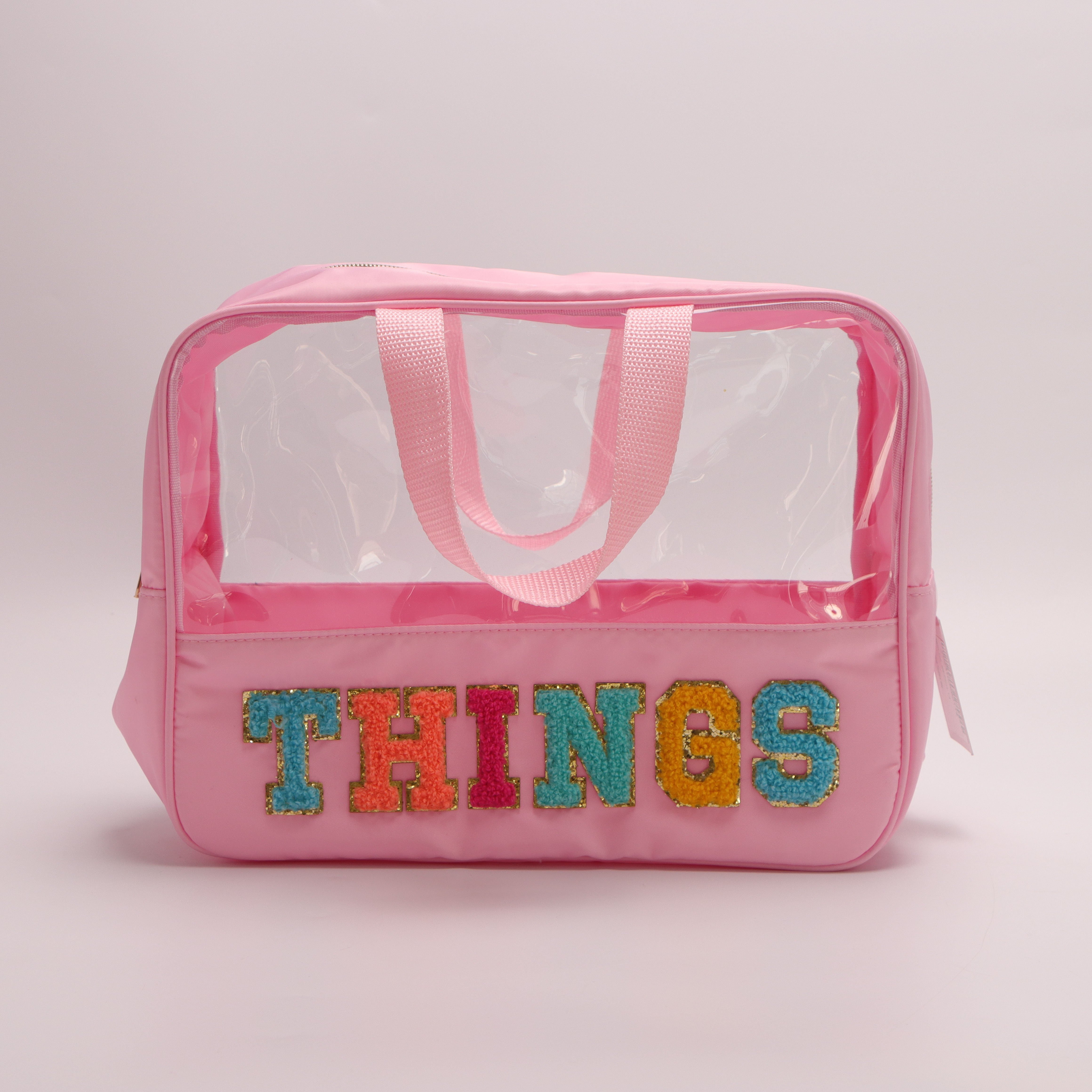 Stylish Preppy Clear Makeup Bag with Chenille Letter Patches and Handle Tote Bag for Women Girl - Organize Toiletry