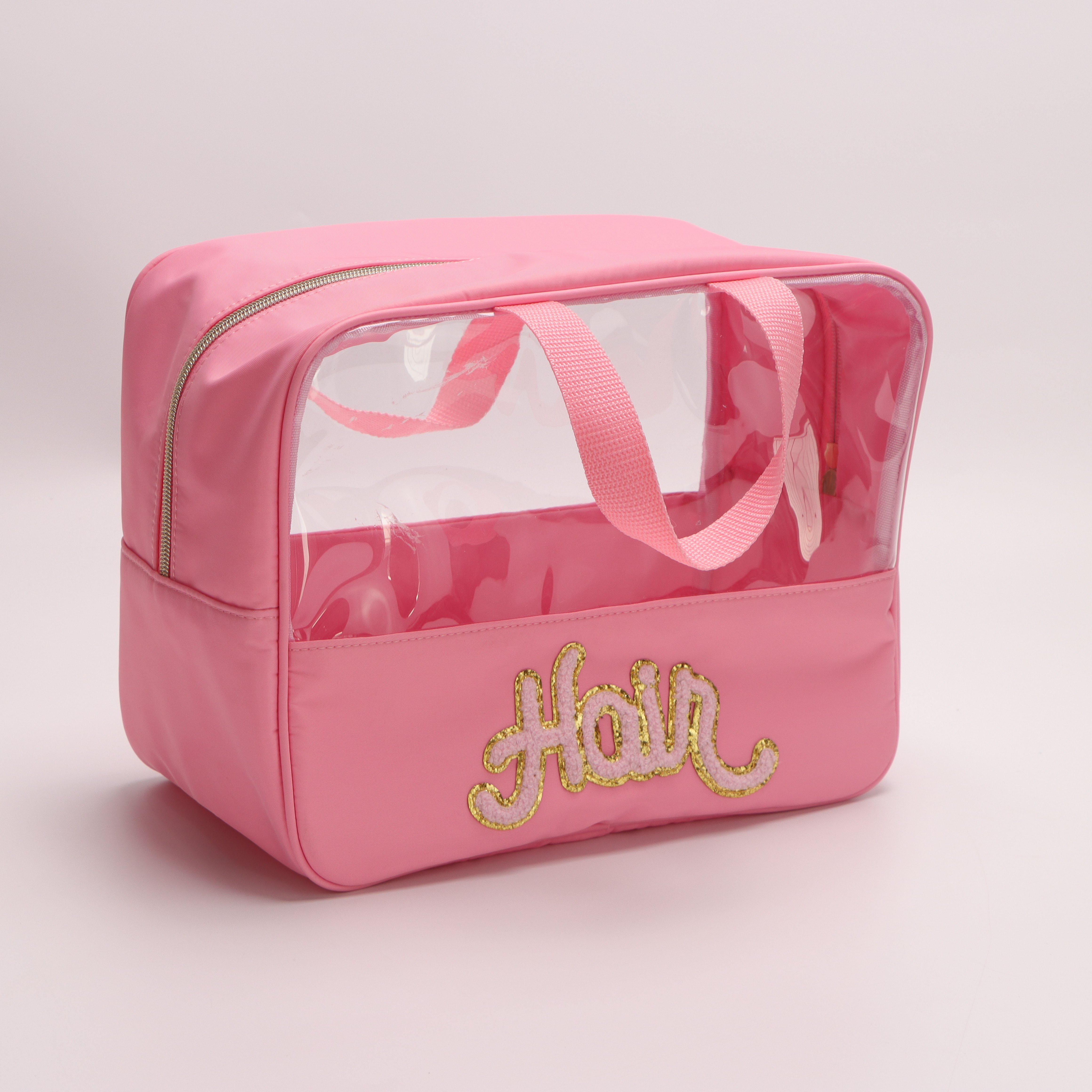 Stylish Preppy Clear Makeup Bag with Chenille Letter Patches and Handle Tote Bag for Women Girl - Organize Toiletry
