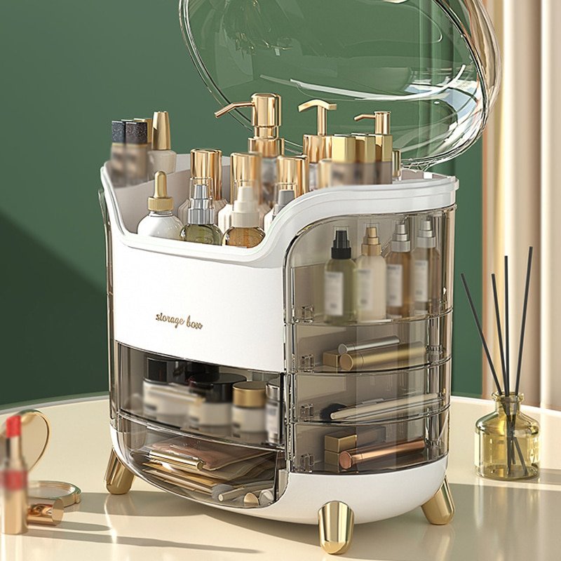 Fashion Plastic Makeup Organize green Dust Proof Skincare Shelf Cosmetics Display Case Makeup Storage Box Organizer