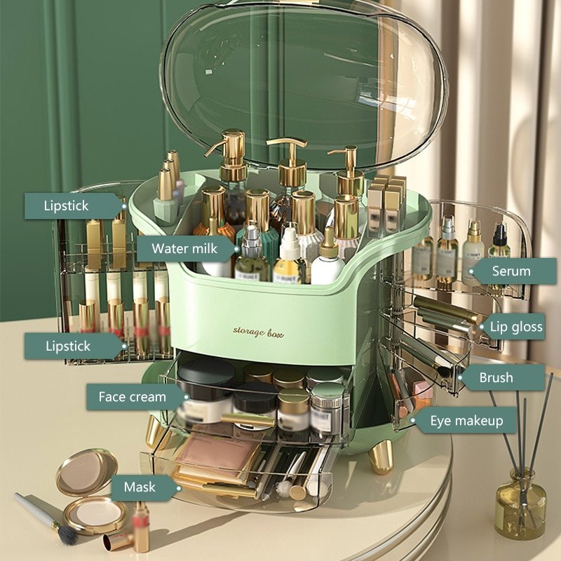 Fashion Plastic Makeup Organize green Dust Proof Skincare Shelf Cosmetics Display Case Makeup Storage Box Organizer