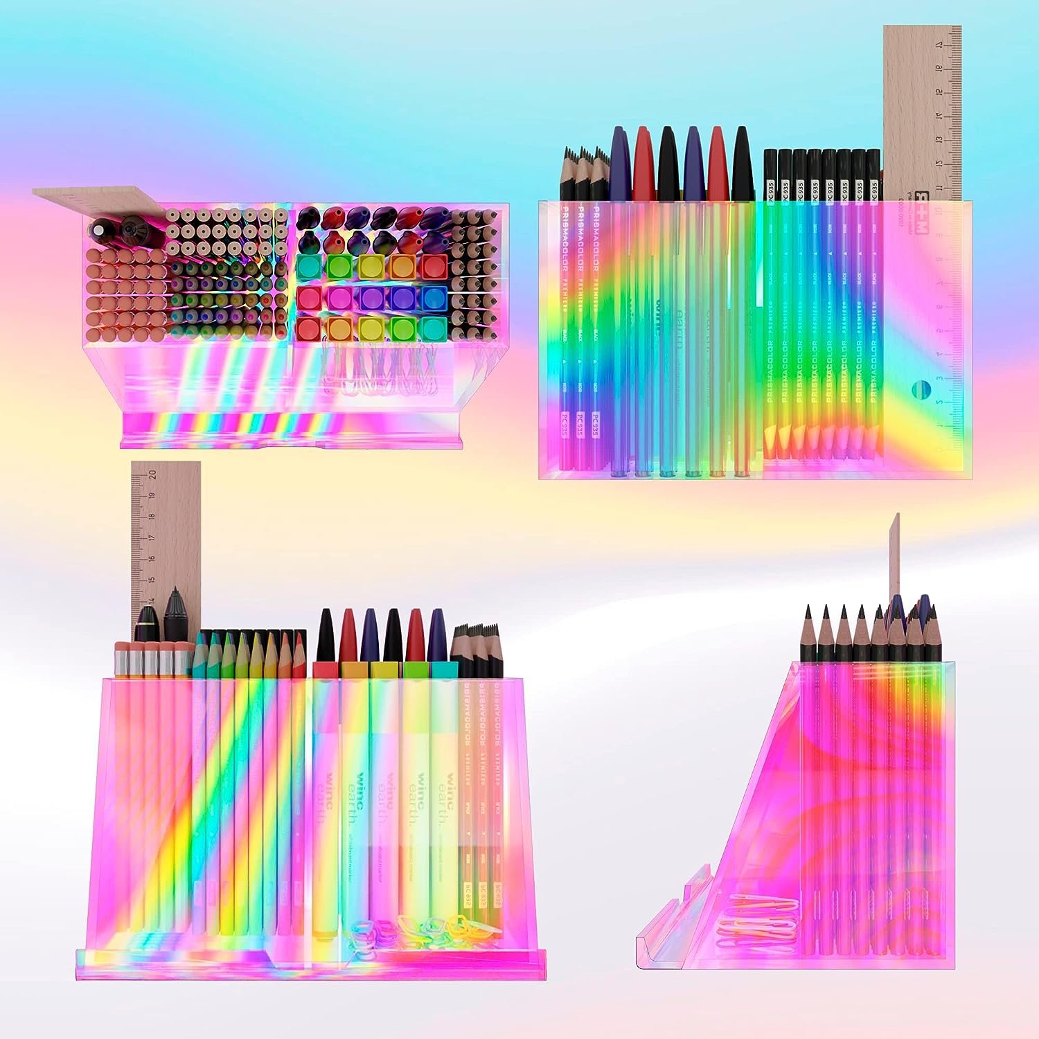 Acrylic Pen Holder Iridescent Office Desk Organizers Desk Organizer with Two Compartments Built in Phone Tablet Stand