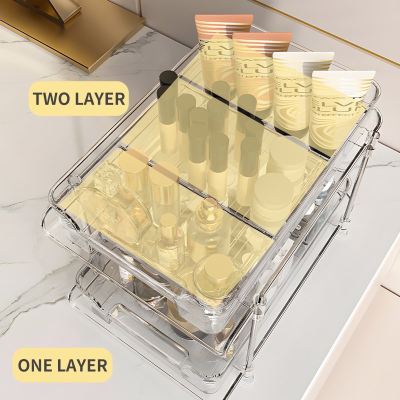 2 Tier Clear Under Sink Slide Out Makeup Organizer Bathroom Drawers Sliding Transparent Cabinet