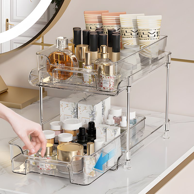 2 Tier Clear Under Sink Slide Out Makeup Organizer Bathroom Drawers Sliding Transparent Cabinet