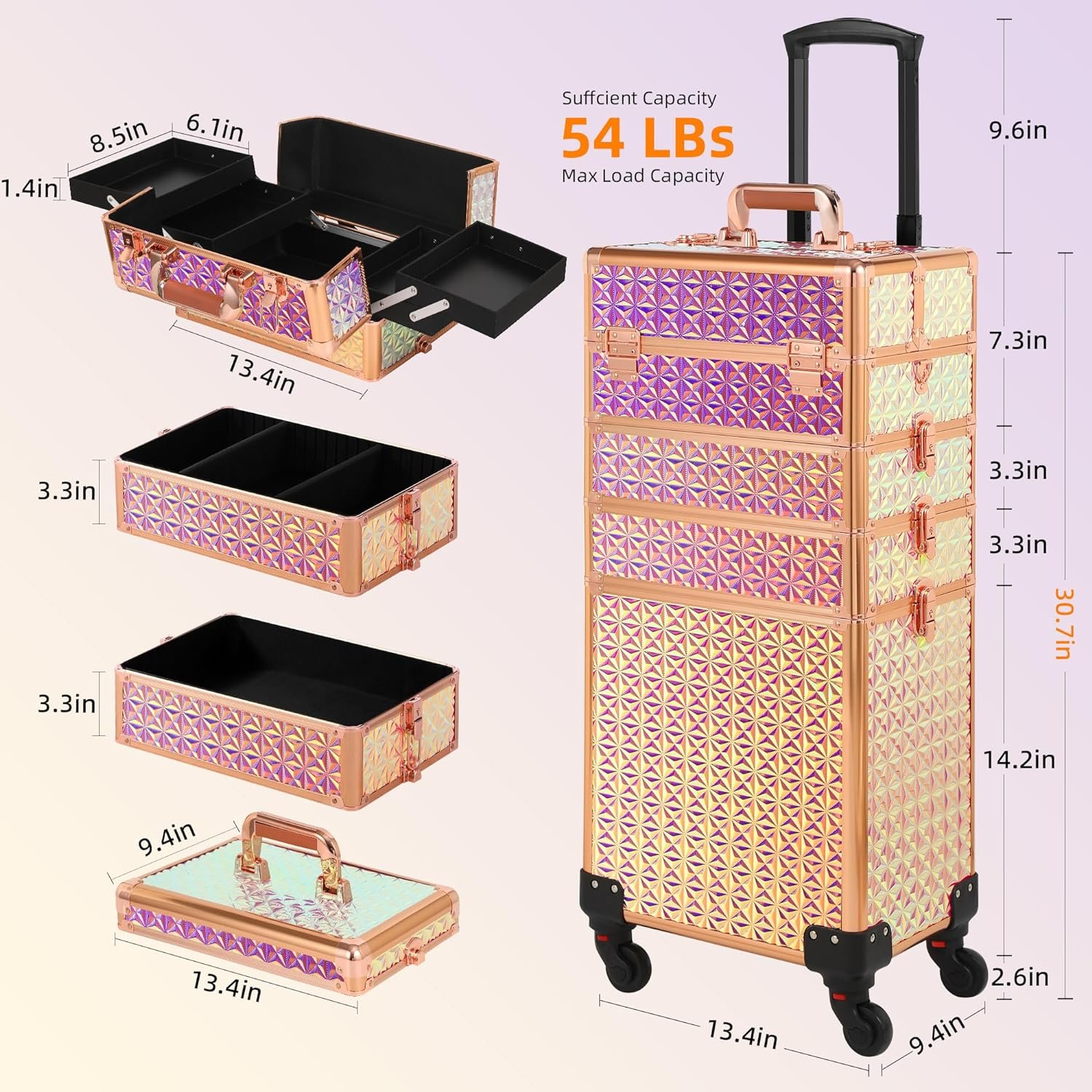 Rolling Makeup Train Case 5 in 1 Cosmetology Case on Wheels Large Makeup Case Organizers