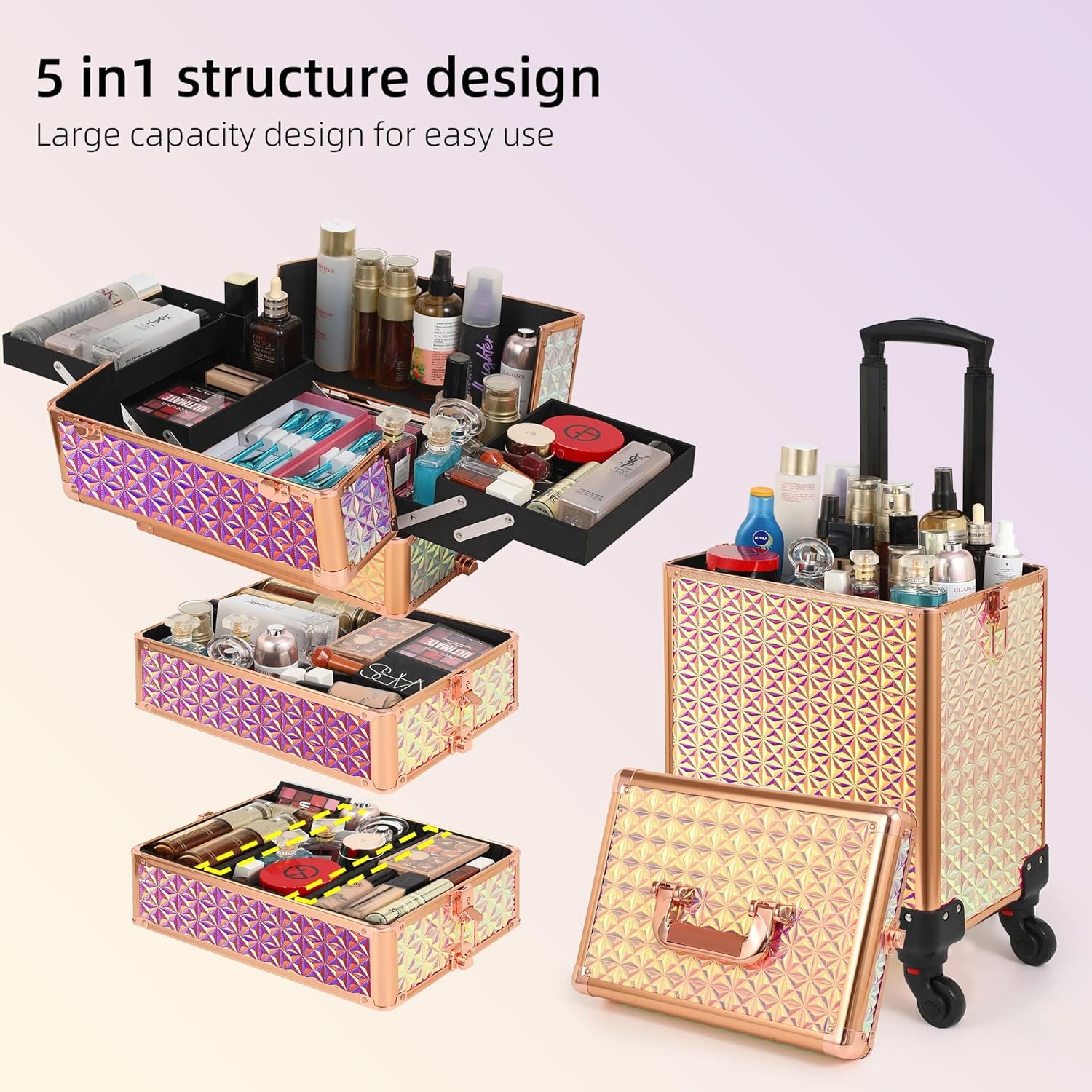 Rolling Makeup Train Case 5 in 1 Cosmetology Case on Wheels Large Makeup Case Organizers