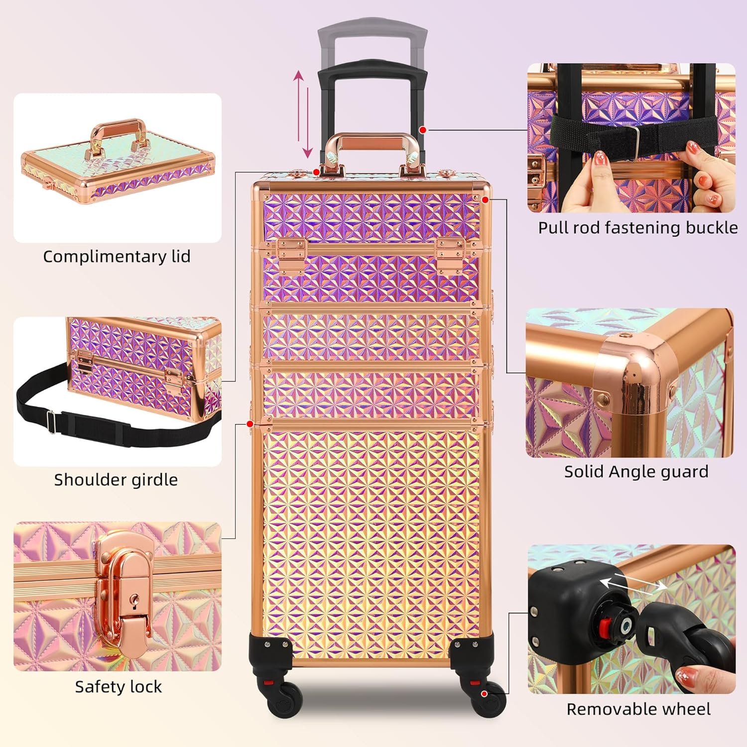 Rolling Makeup Train Case 5 in 1 Cosmetology Case on Wheels Large Makeup Case Organizers