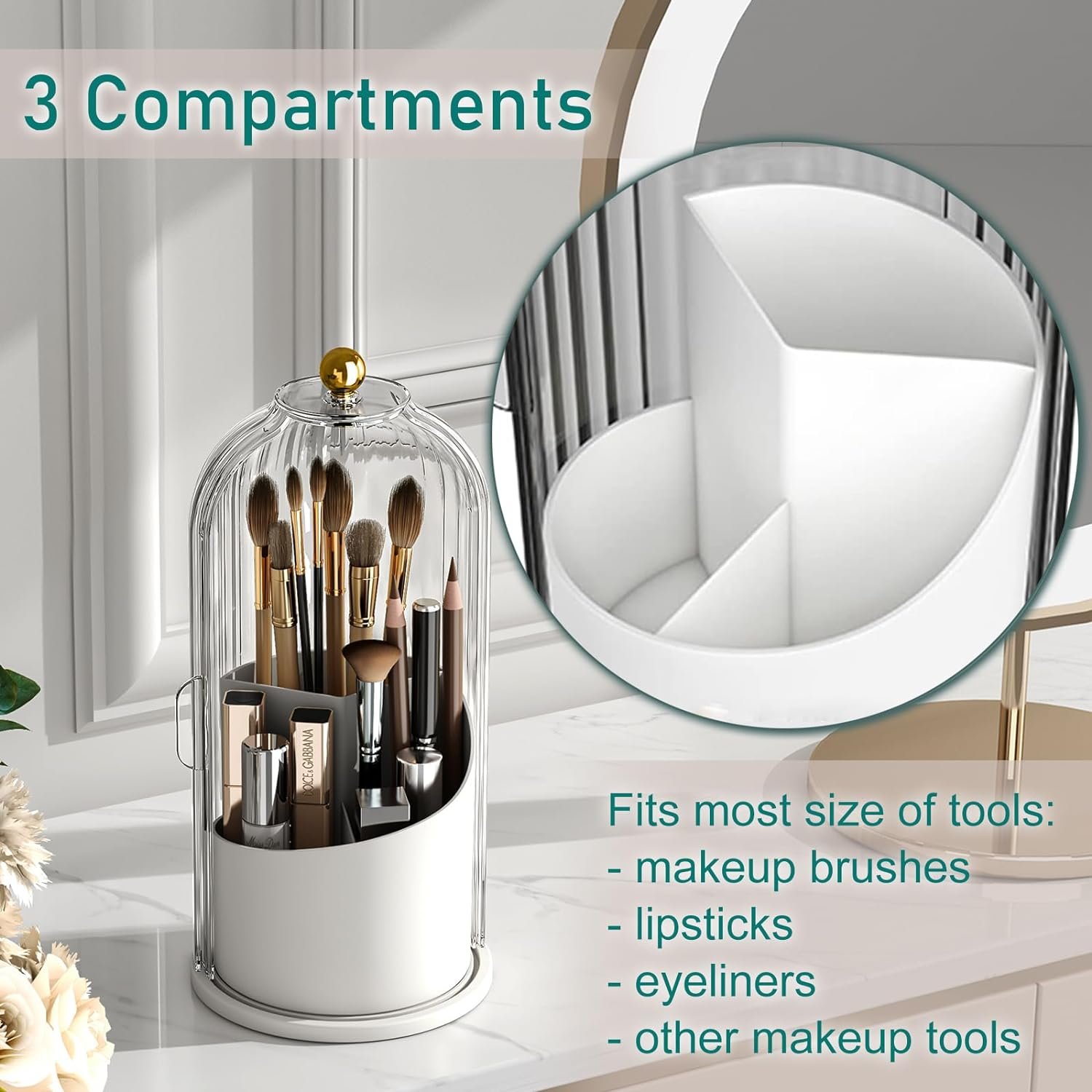 Desktop 360 Rotating Clear Dustproof Makeup Brushes storage bucket Rotatable makeup brush holder organizer with Lid for Cosmetic