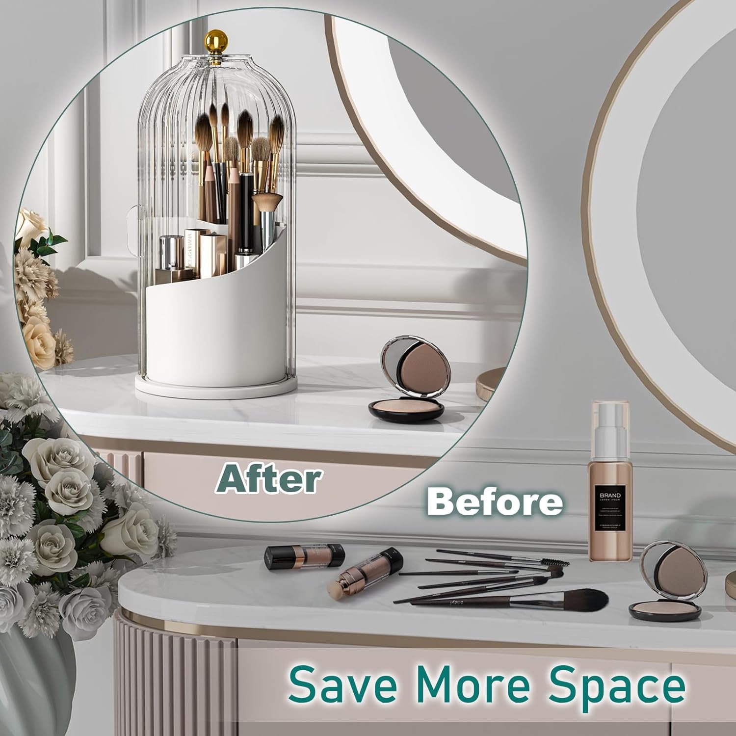 Desktop 360 Rotating Clear Dustproof Makeup Brushes storage bucket Rotatable makeup brush holder organizer with Lid for Cosmetic
