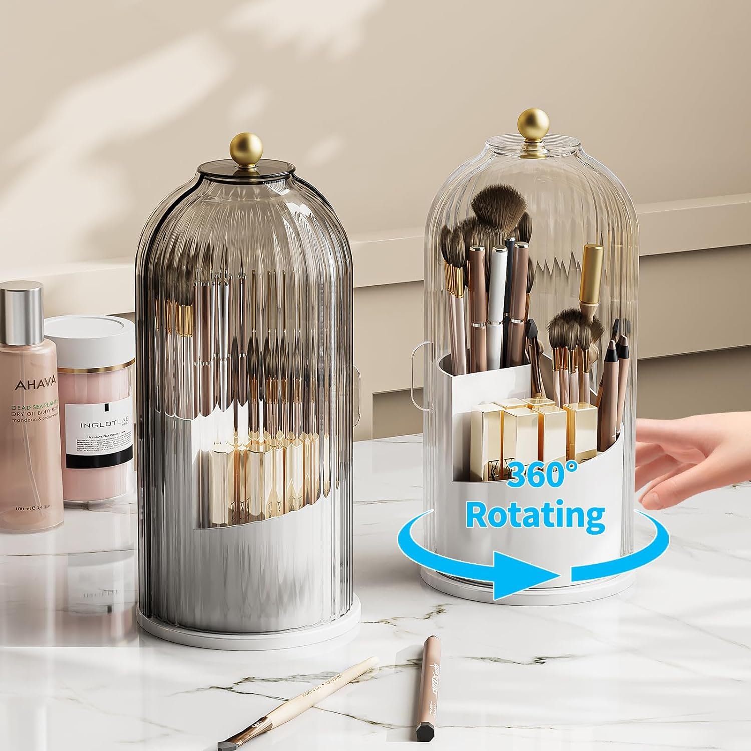 Desktop 360 Rotating Clear Dustproof Makeup Brushes storage bucket Rotatable makeup brush holder organizer with Lid for Cosmetic
