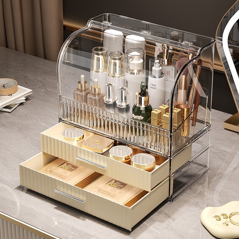 Modern Transparent Cosmetic Makeup Storage Box PET Plastic Rectangle Shape Injection Lightweight Detachable Beauty Organiser