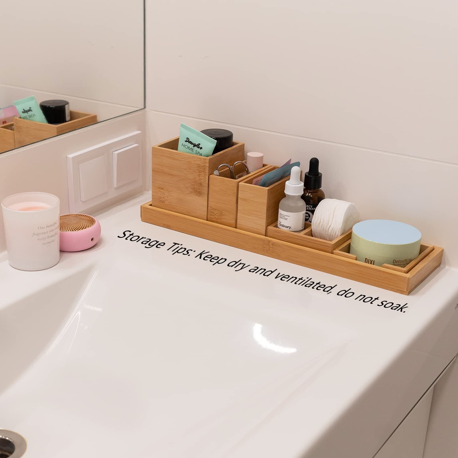 HOSTK 6-Piece Bathroom Countertop Vanity Tray Set Bamboo Makeup Kitchen Desk Organizer and Storage