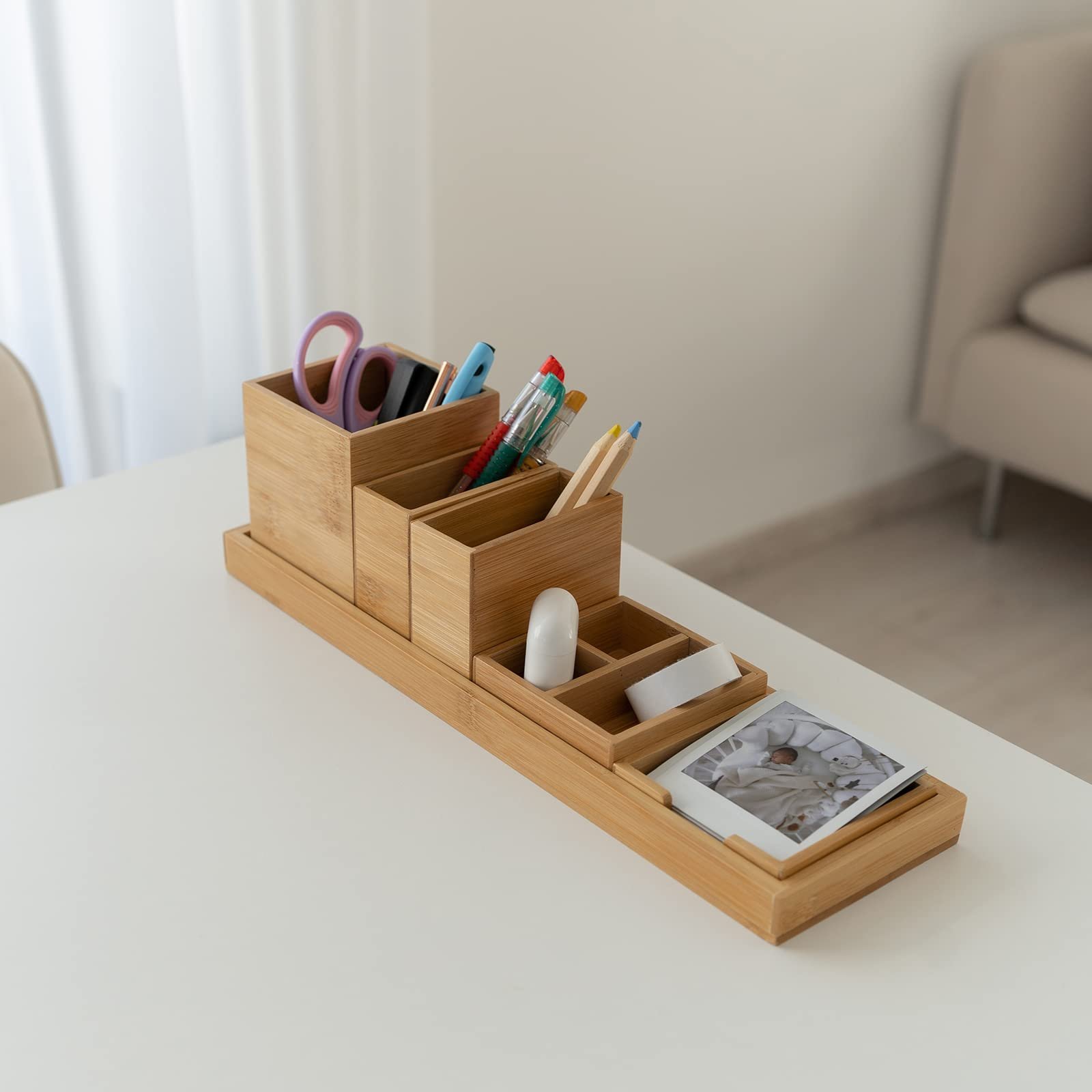 HOSTK 6-Piece Bathroom Countertop Vanity Tray Set Bamboo Makeup Kitchen Desk Organizer and Storage