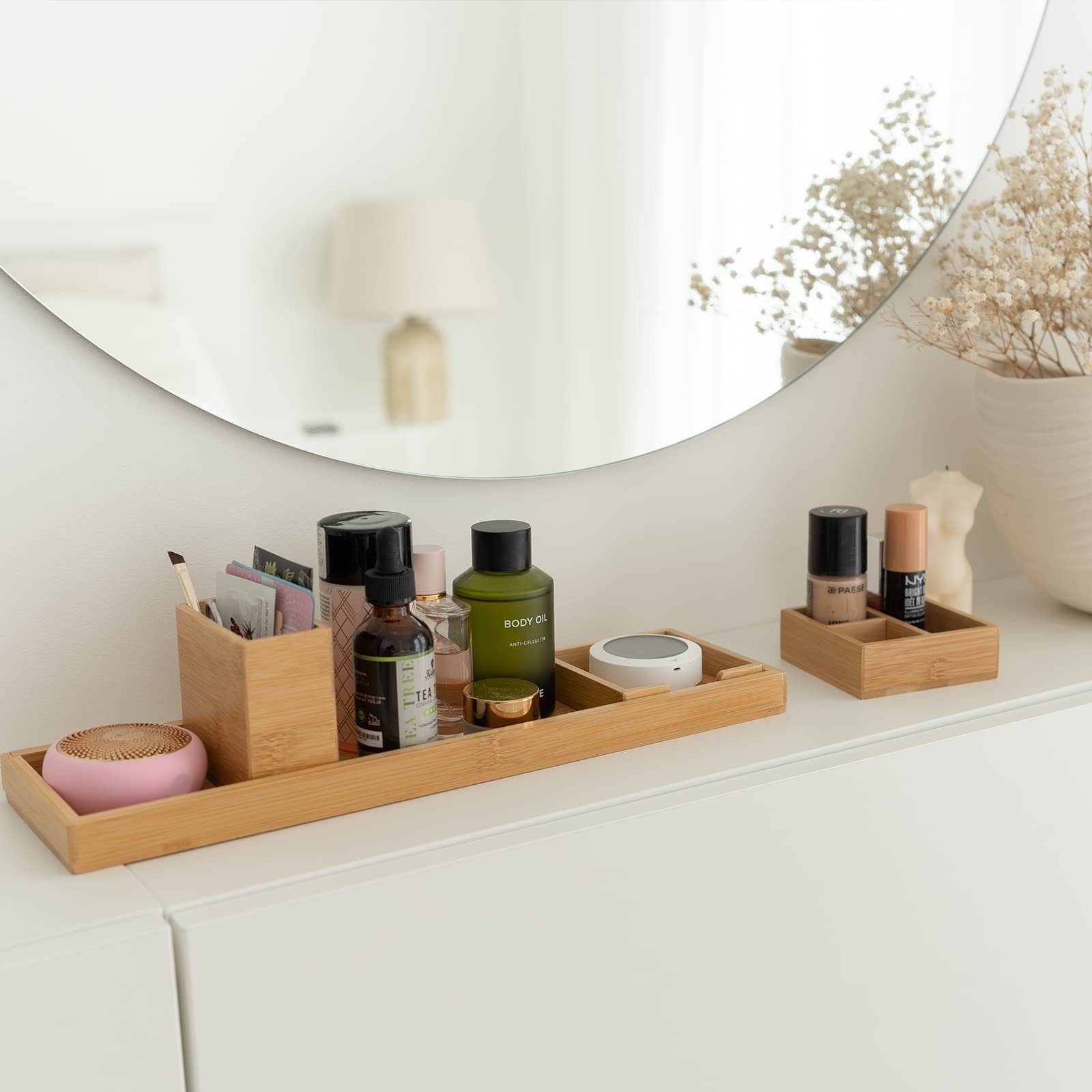 HOSTK 6-Piece Bathroom Countertop Vanity Tray Set Bamboo Makeup Kitchen Desk Organizer and Storage