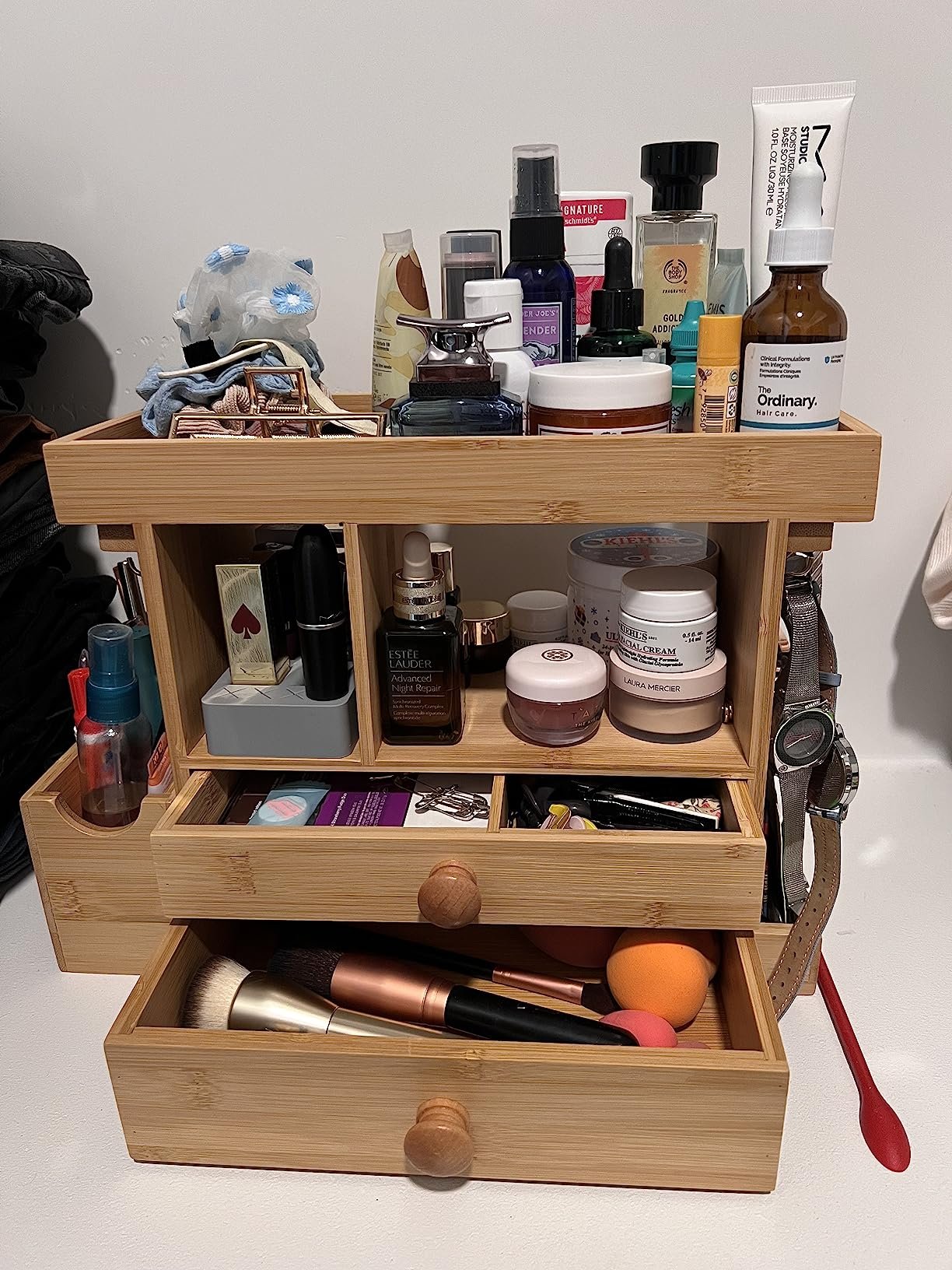 Bamboo Makeup Organizer Cosmetic Jewelry Storage Organizer Multi-Function Make up Box Stand for Vanity