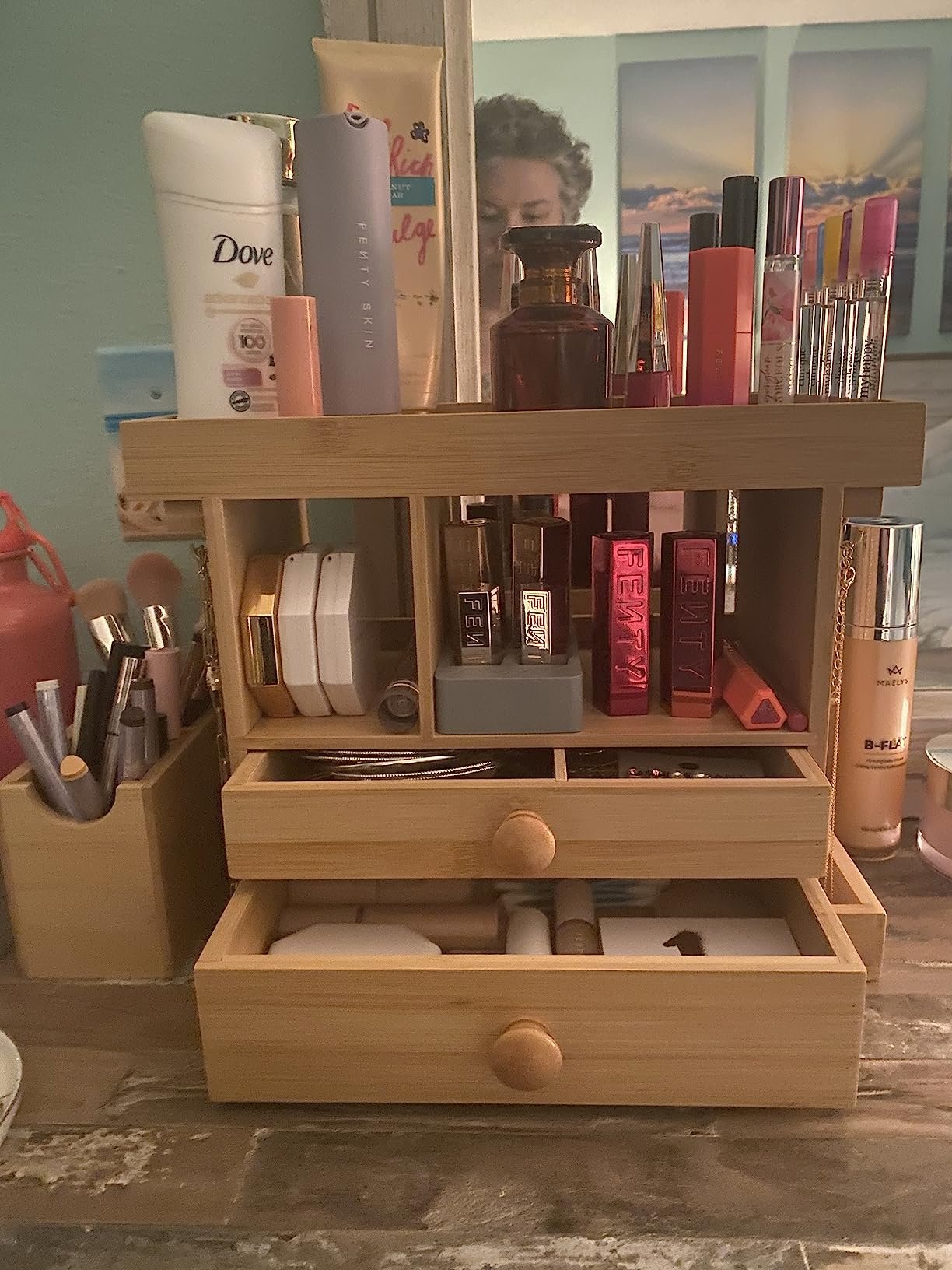 Bamboo Makeup Organizer Cosmetic Jewelry Storage Organizer Multi-Function Make up Box Stand for Vanity