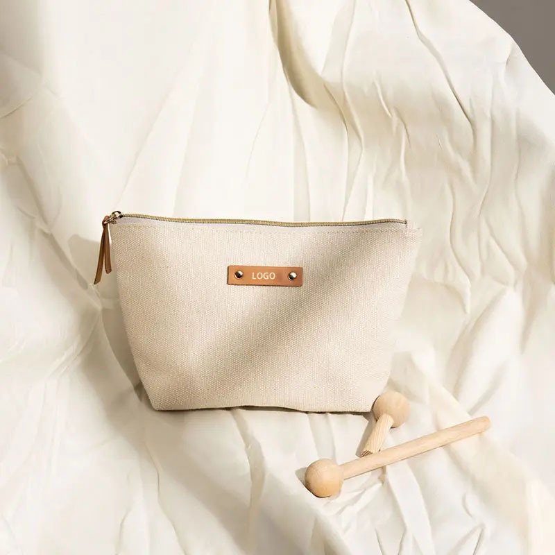 Environmentally Friendly Renewable Cotton Women Custom Logo Travel Zipper Small Makeup Pouch Quilted Cotton Cosmetic Bag