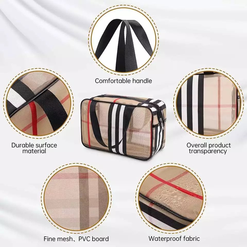 3pcs/Set Cosmetic Bag Vintage Designer PVC Mesh Stripe Waterproof Travel Bags Multifunctional Transparent Makeup Storage Bag