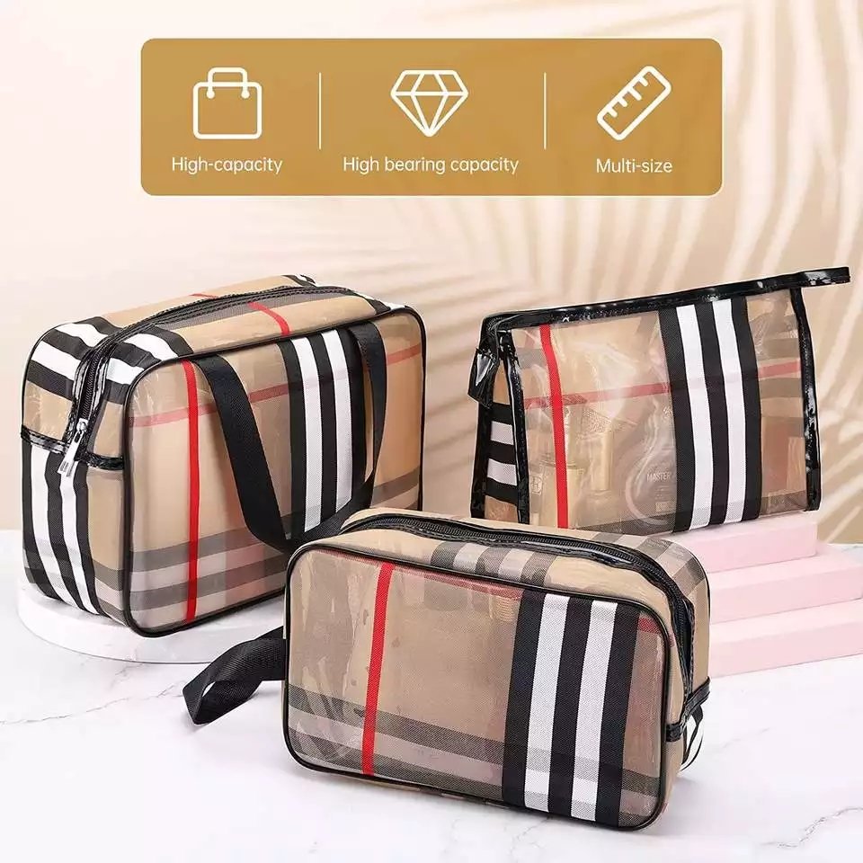3pcs/Set Cosmetic Bag Vintage Designer PVC Mesh Stripe Waterproof Travel Bags Multifunctional Transparent Makeup Storage Bag