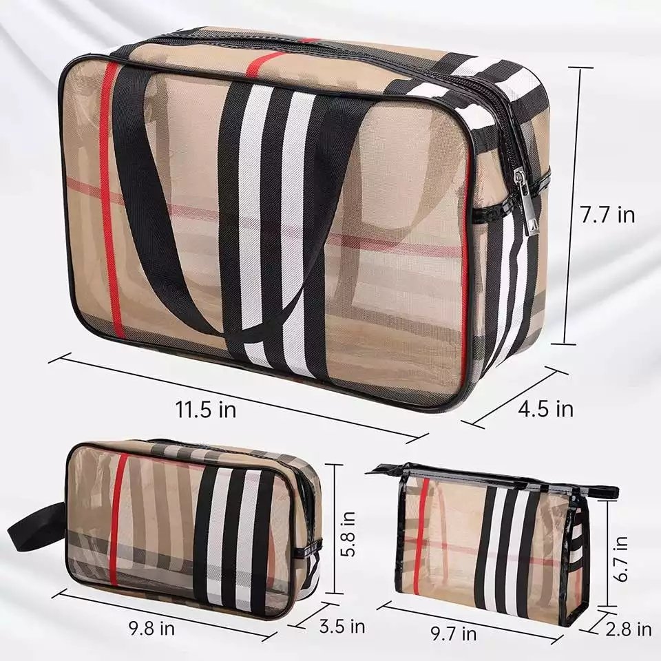 3pcs/Set Cosmetic Bag Vintage Designer PVC Mesh Stripe Waterproof Travel Bags Multifunctional Transparent Makeup Storage Bag