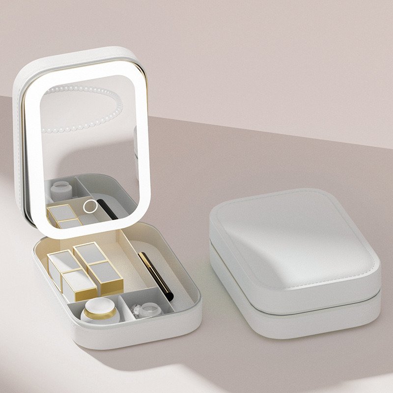 Wholesale Portable High Quality LED Makeup Mirror With Jewelry Box Cosmetics Storage Box Multifunctional Rechargeable