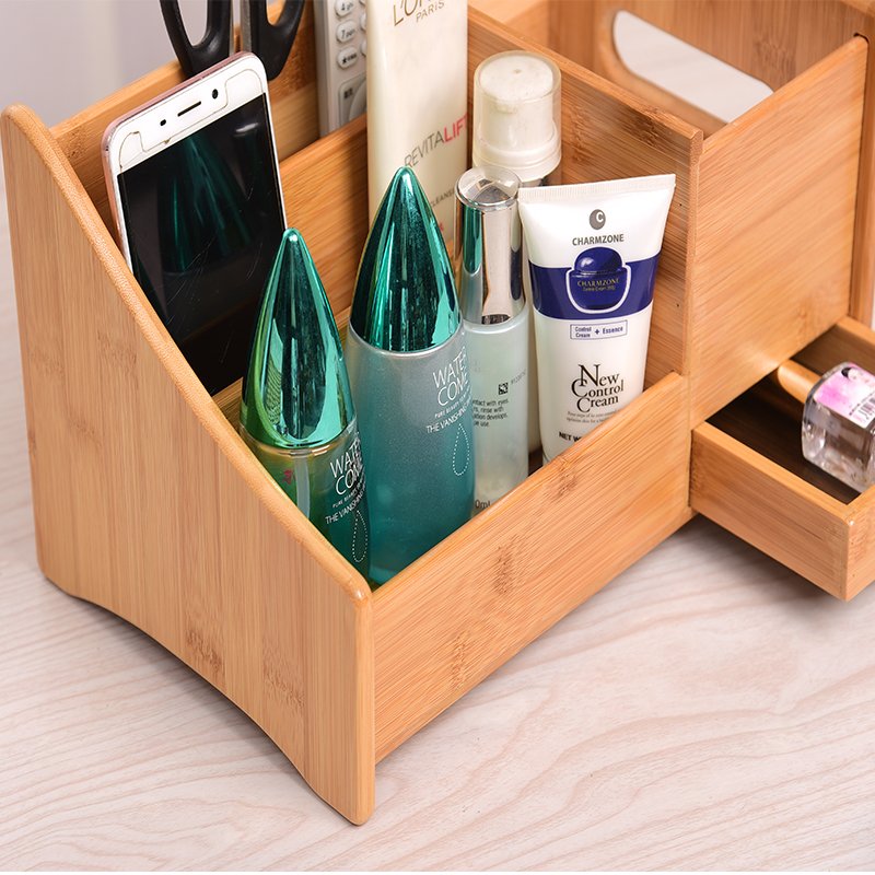 Natural Bamboo Wooden Makeup Organizer Countertop Storage Box Cosmetic Storage Organizer