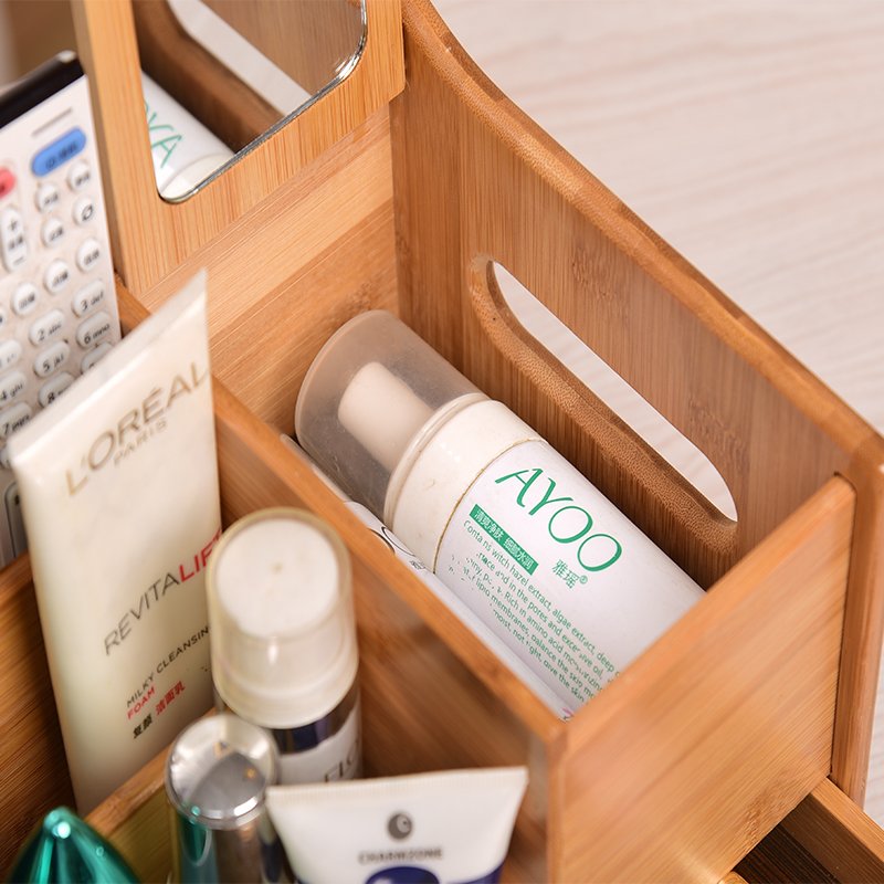 Natural Bamboo Wooden Makeup Organizer Countertop Storage Box Cosmetic Storage Organizer