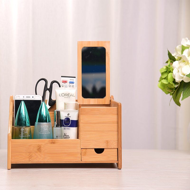 Natural Bamboo Wooden Makeup Organizer Countertop Storage Box Cosmetic Storage Organizer