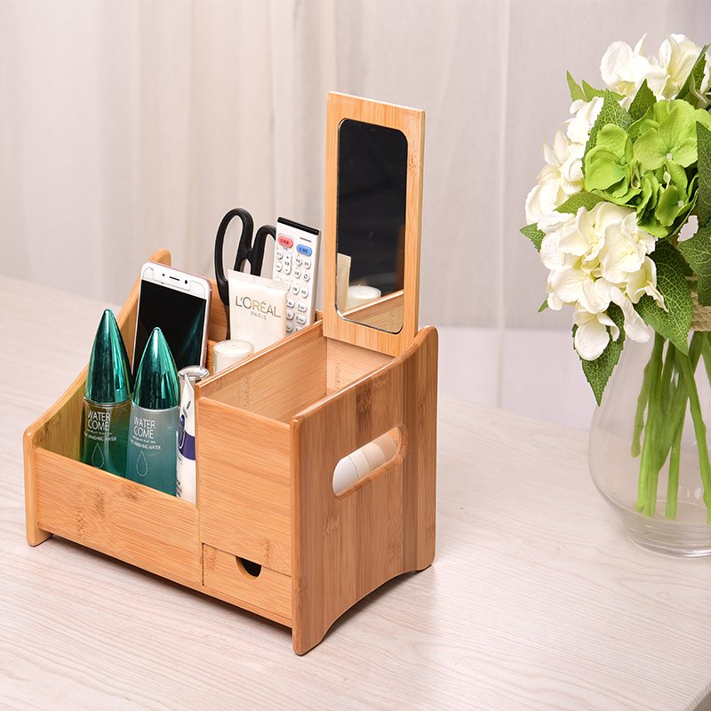 Natural Bamboo Wooden Makeup Organizer Countertop Storage Box Cosmetic Storage Organizer