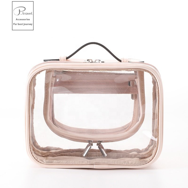 P.travel New Custom Logo Mini Organize Waterproof Eco Friendly Large Capacity PU Zipper Pink Travel Clear Makeup Bag