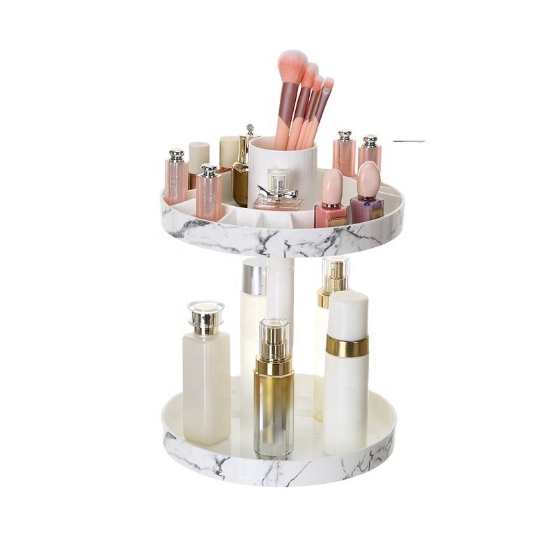 PS dresser 360 degrees 2layers plastic bathroom marble cosmetic makeup storage organizer with drivdes