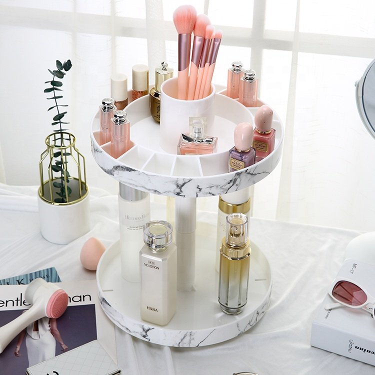 PS dresser 360 degrees 2layers plastic bathroom marble cosmetic makeup storage organizer with drivdes