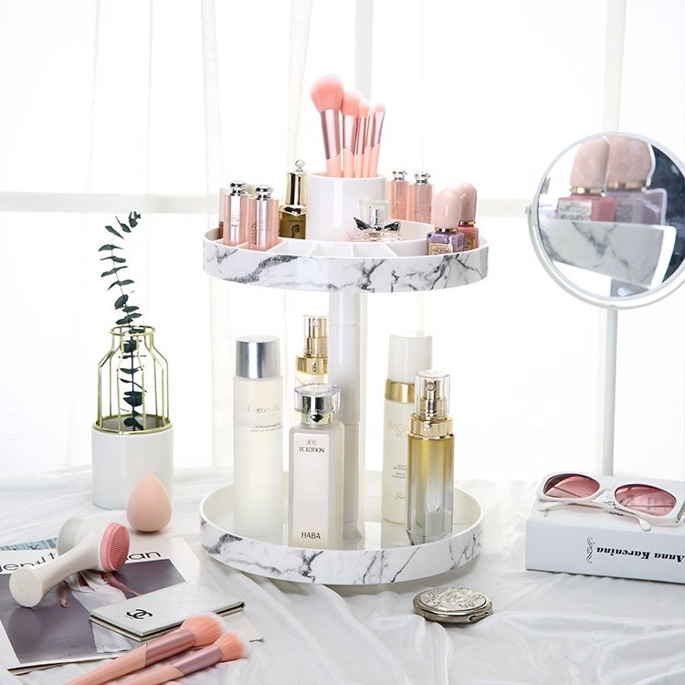 PS dresser 360 degrees 2layers plastic bathroom marble cosmetic makeup storage organizer with drivdes